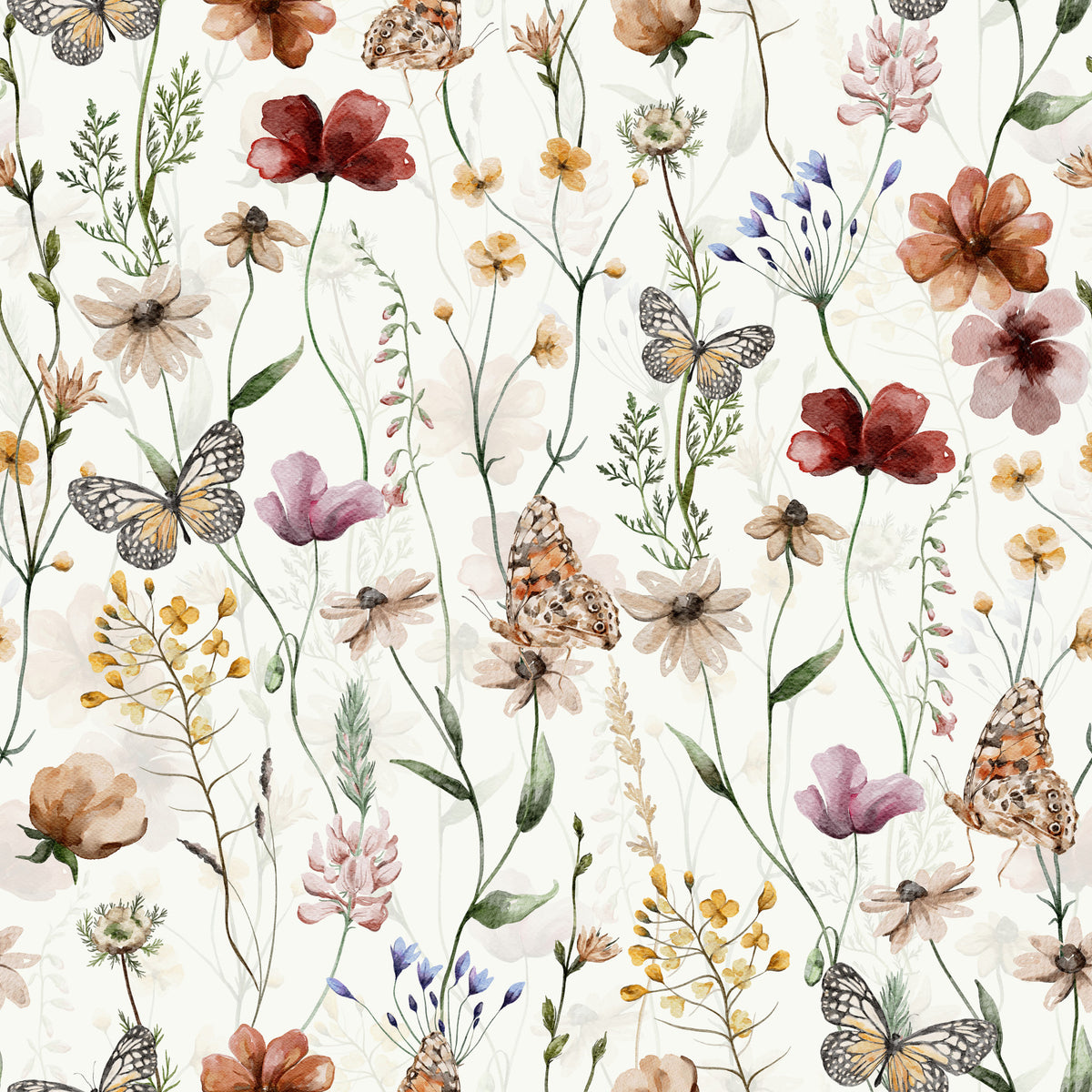 Scandinavian Watercolor Wildflower Meadow with Butterflies Wallpaper⁠ in your room — zoomed