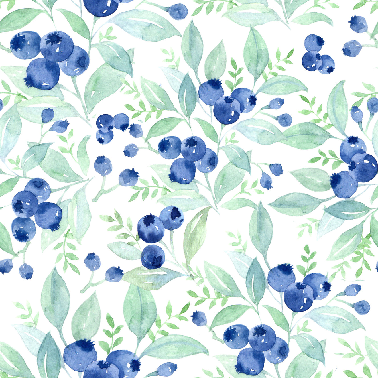 Scandinavian Watercolor Blueberries with Green Forest Leaves Wallpaper⁠