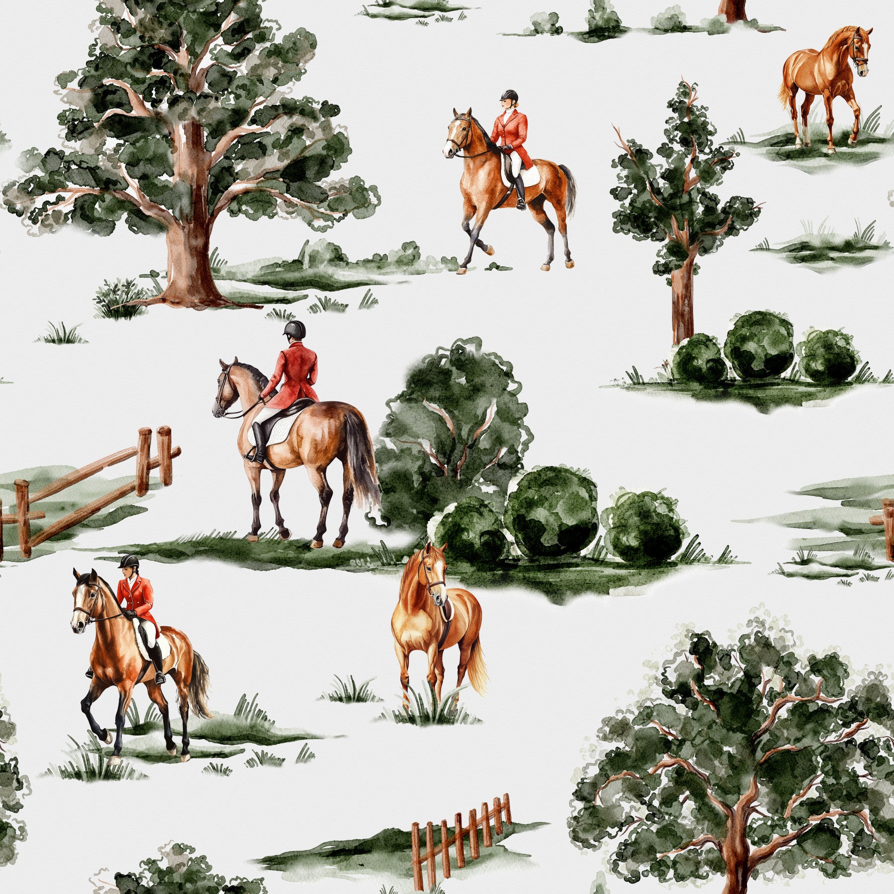 Wallpaper mural of equestrian riders on horseback.


