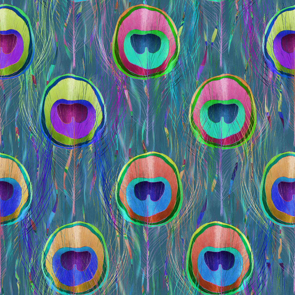 Blue Bohemian Peacock Feathers Wallpaper⁠ in your room — zoomed