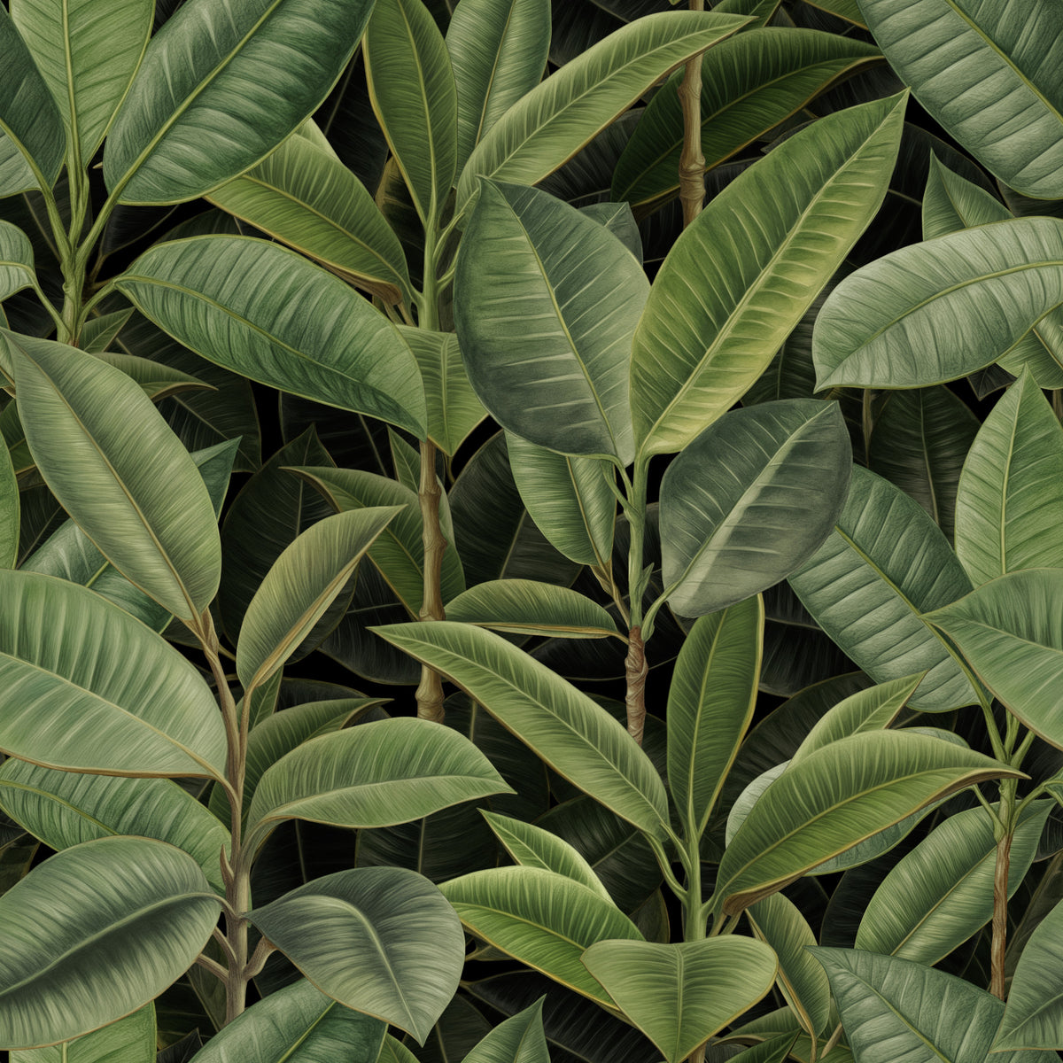 Lush Green Rubber Tree Jungle Pattern Wallpaper⁠ in your room — zoomed