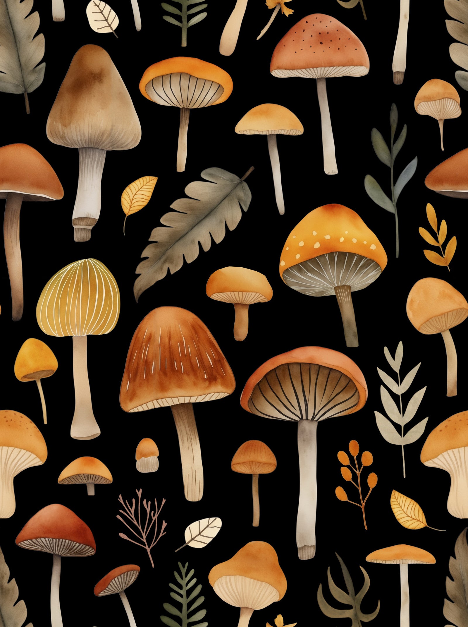 Autumn Mushrooms Forest Whimsy Watercolor Pattern Black Wallpaper⁠