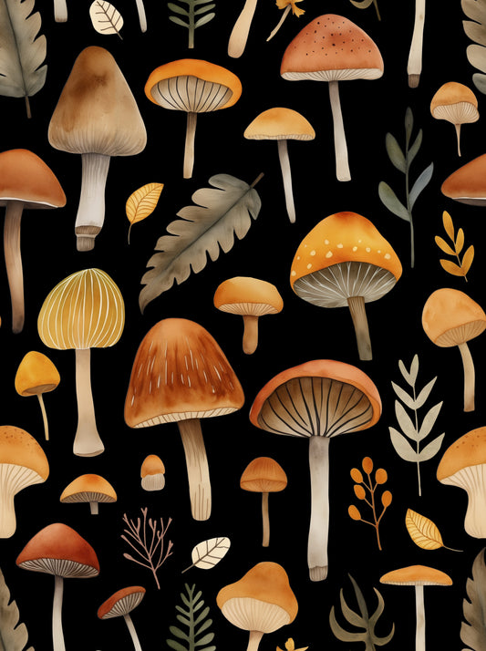 Autumn Mushroom Forest Whimsy Watercolor Pattern Black Wallpaper⁠