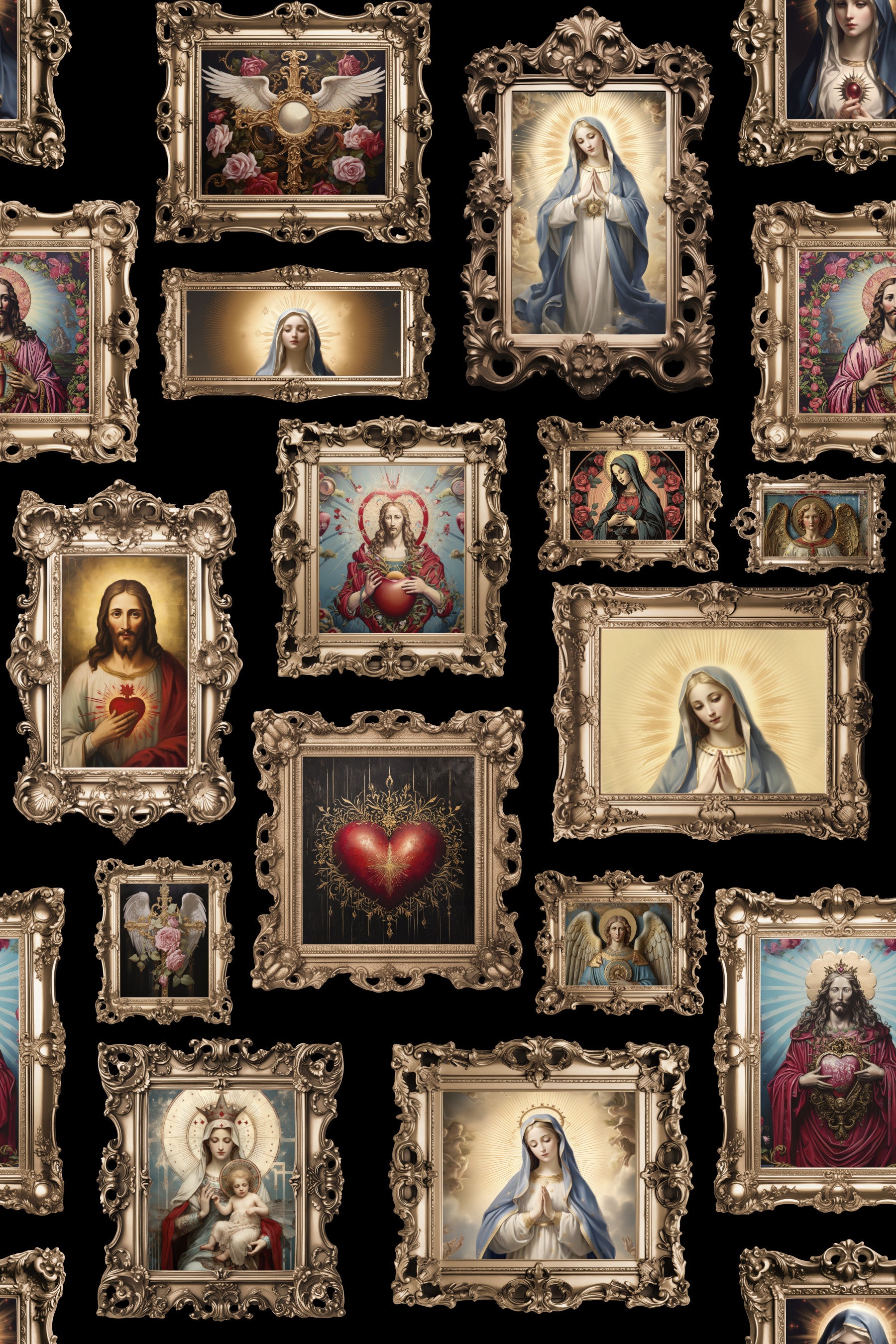Each frame holds a subtle, stylized religious icon or symbol.
