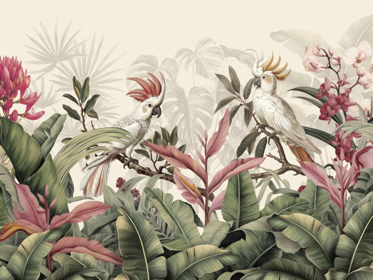 Tropical Cockatoo Birds Forgotten Paradise Wall Mural in your room — zoomed