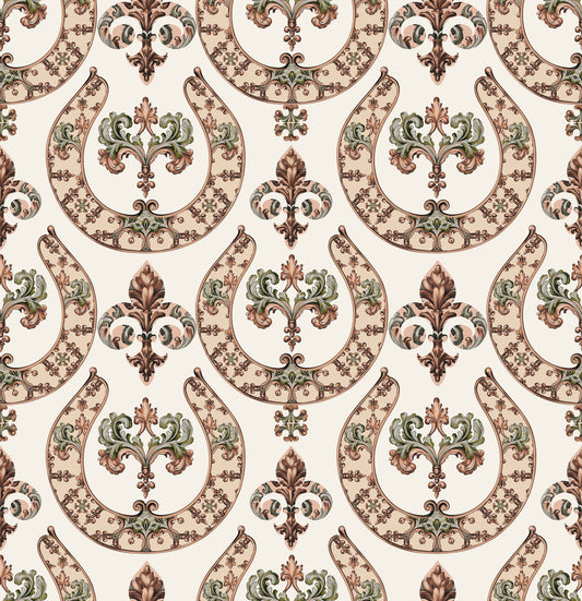Decorative Swirl Horseshoe Equestrian Vintage Victorian Peach Green Wallpaper⁠