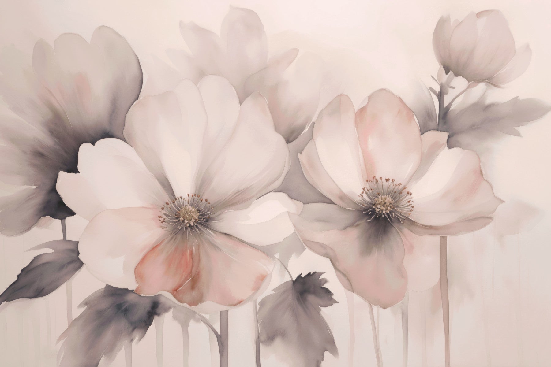 A wall mural of delicate peach blossoms on thin branches.
