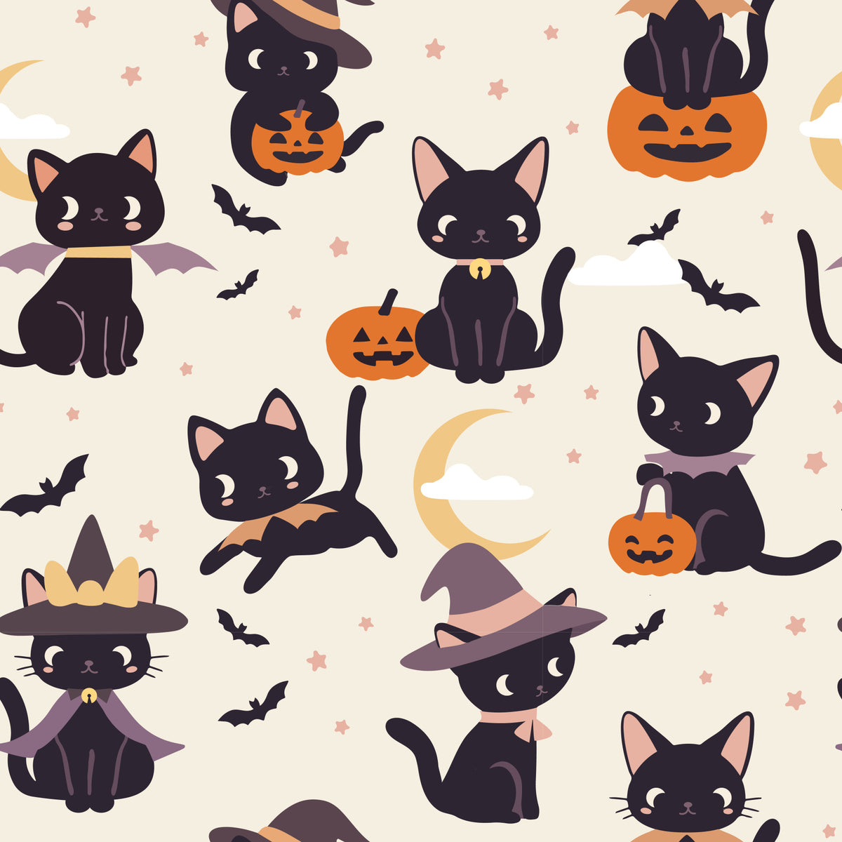 Cute Halloween Witch Cats and Pumpkins Wallpaper⁠