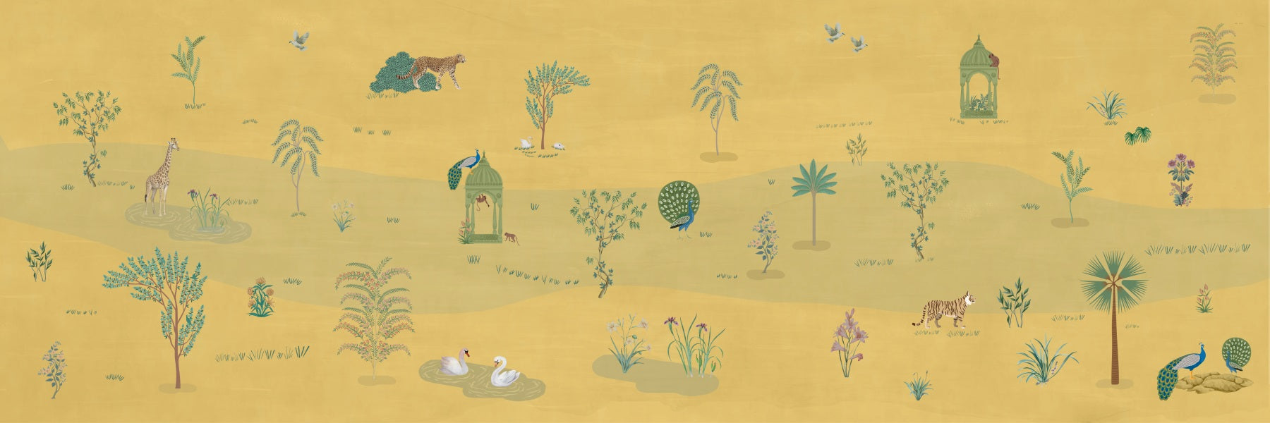 A peaceful wall mural with a wide, golden savannah landscape.

