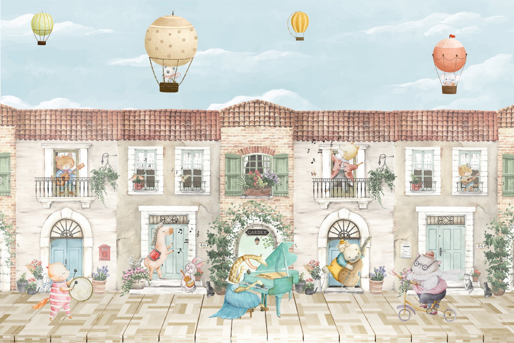 A peaceful wall mural with a whimsical scene of animals.

