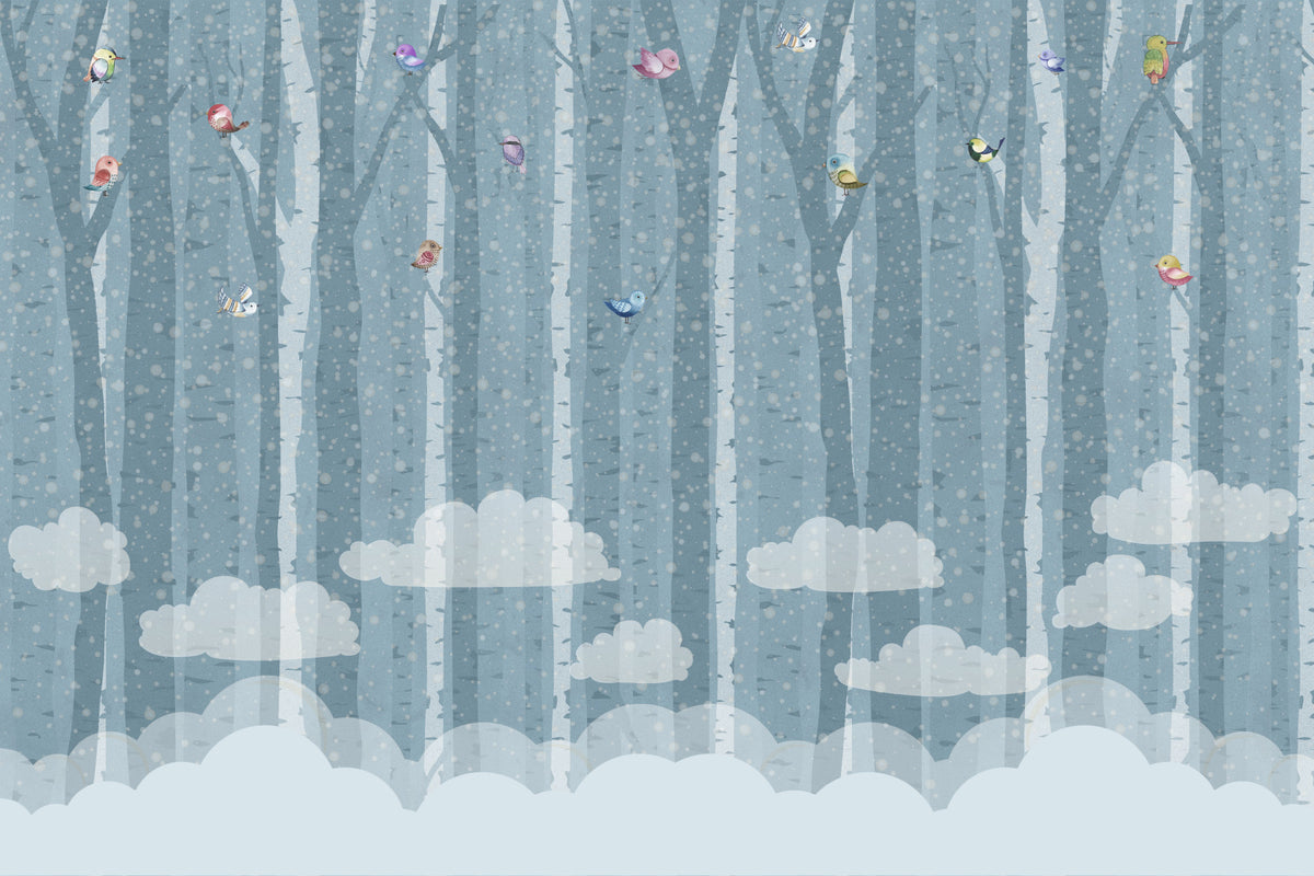 Birch & Birds in Blue Wall Mural in your room