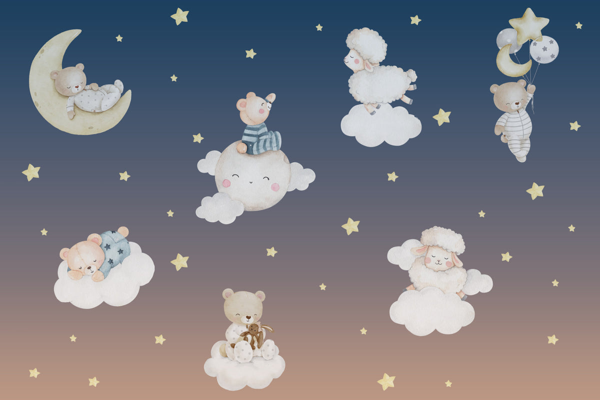 Moonlit Slumber Party Bears and Sheep Wall Mural in your room — zoomed