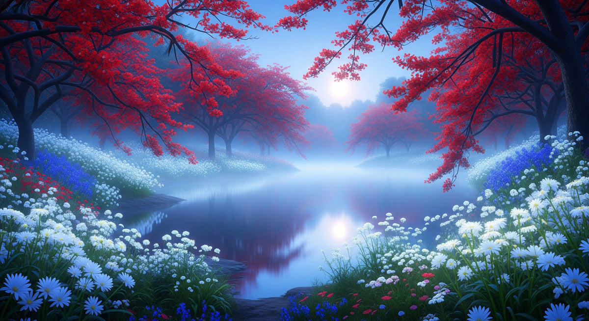 Crimson Dreams Lake Wall Mural in your room — zoomed