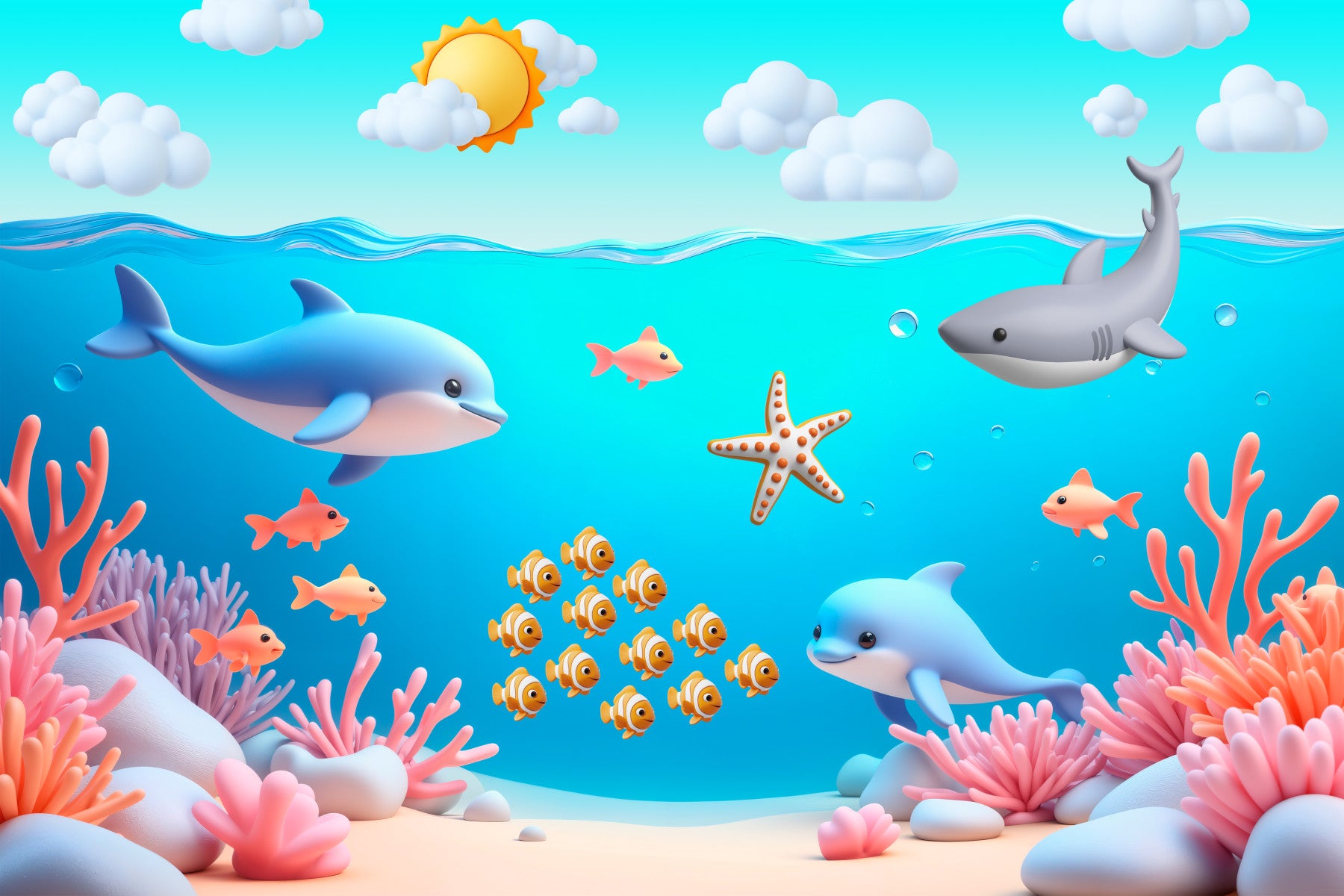 A cheerful wall mural with a whimsical, underwater design.

