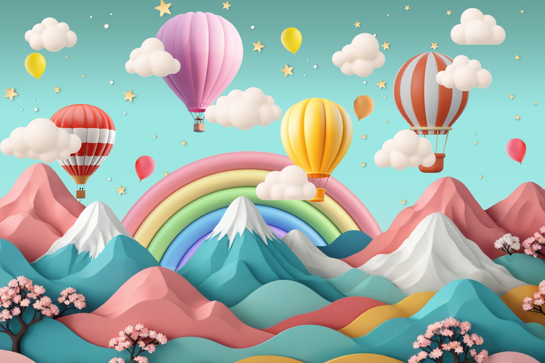 A peaceful wall mural with a whimsical, dreamy design.

