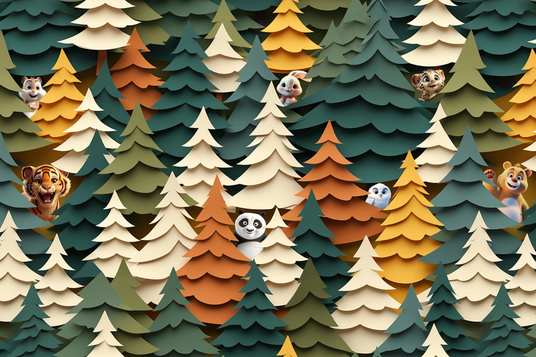 A cheerful wall mural with a whimsical, woodland animal design.