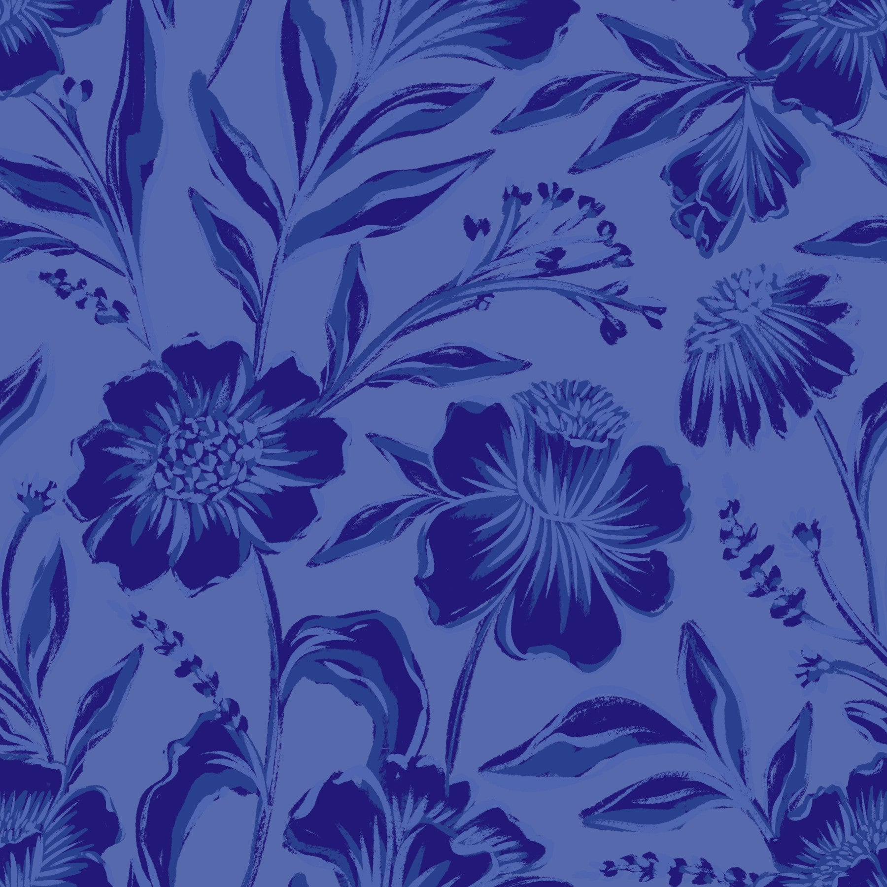 A full-wall mural showing a botanical pattern.
