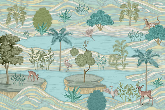 Whimsical Lake & Wildlife Wall Mural