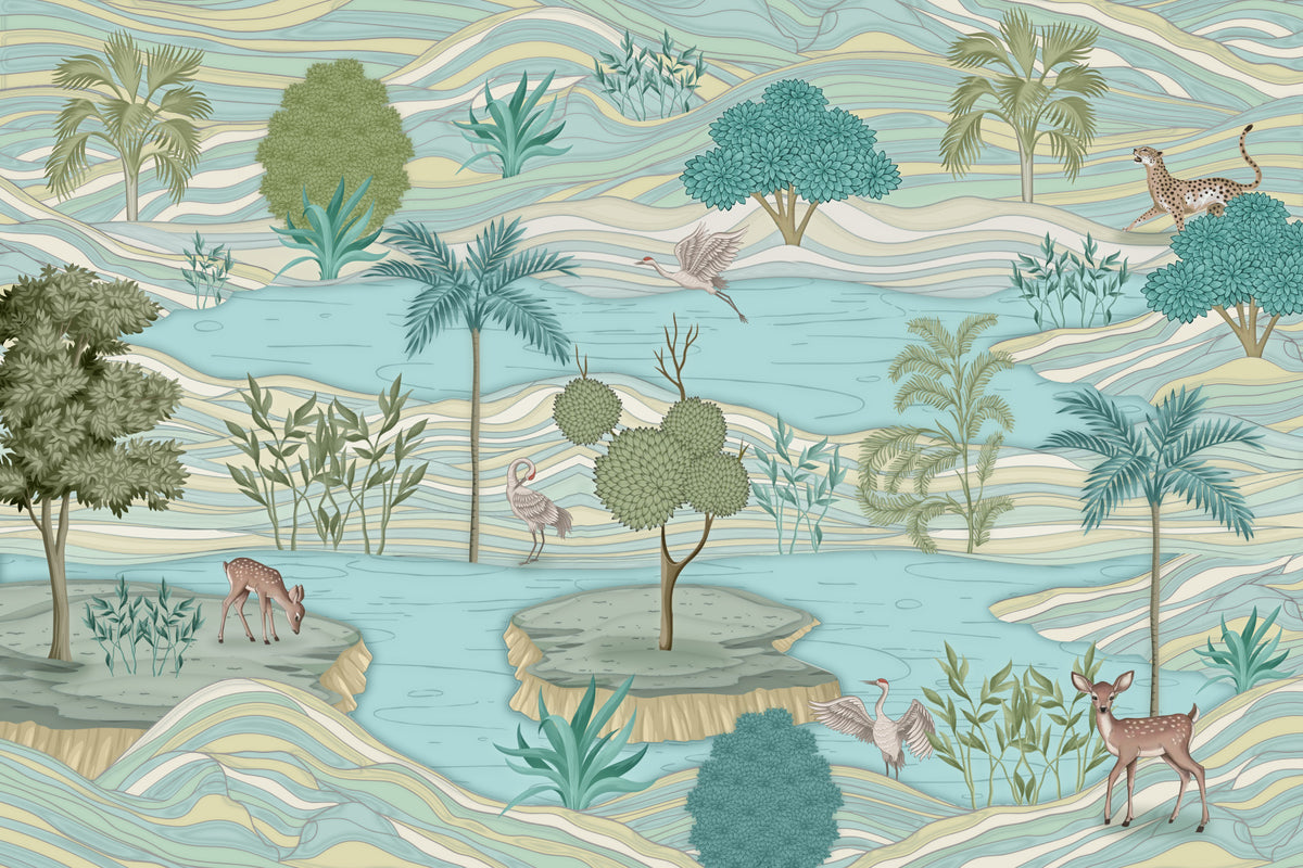 Whimsical Lake & Wildlife Wall Mural
