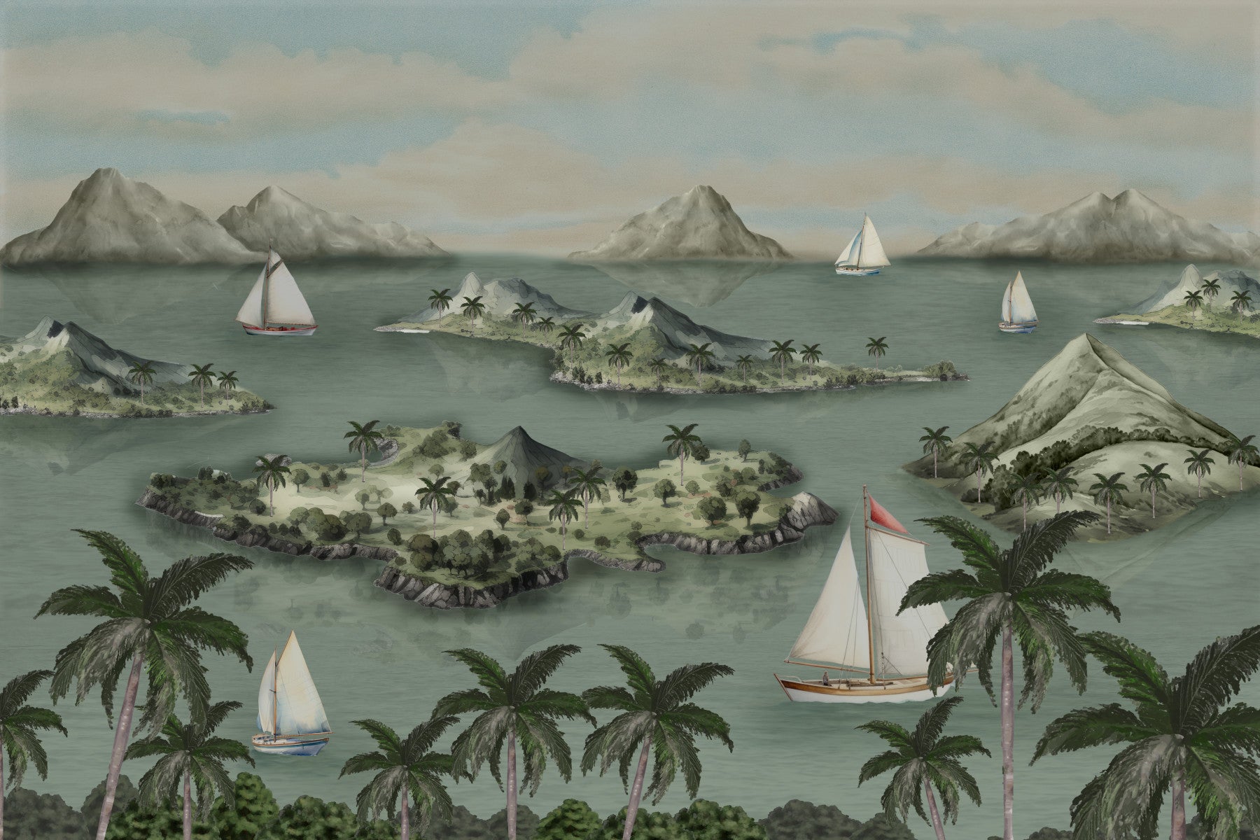 A peaceful wall mural with an organic, coastal design.

