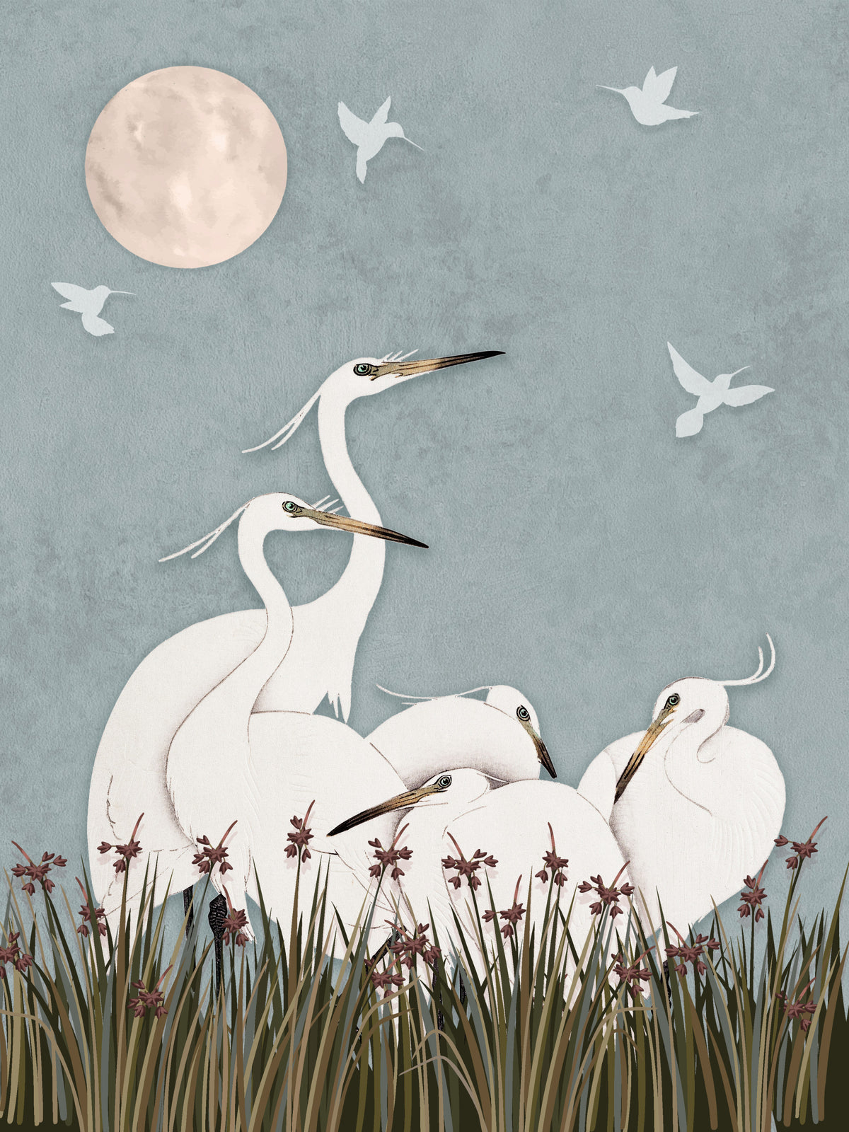 Egrets Under Moonlight Wall Mural