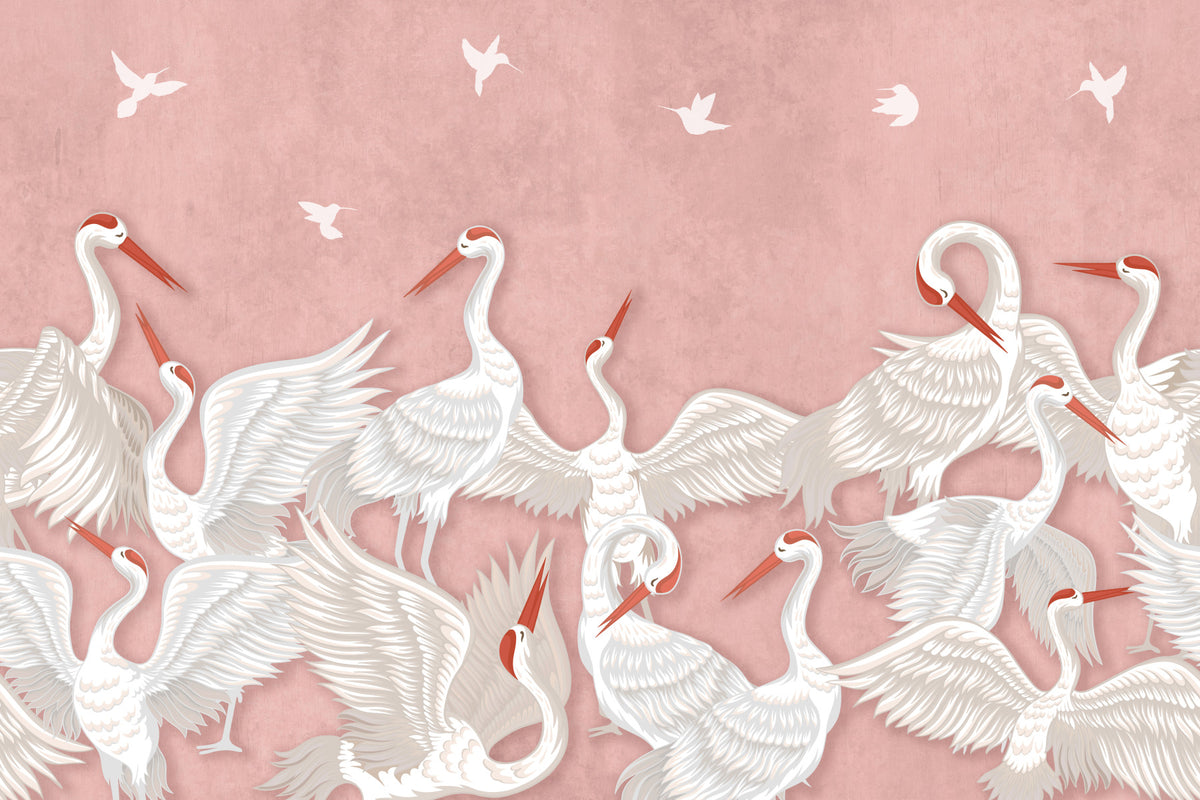 Blush Cranes Take Flight Wall Mural in your room