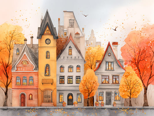 Autumn Town Watercolor Wall Mural