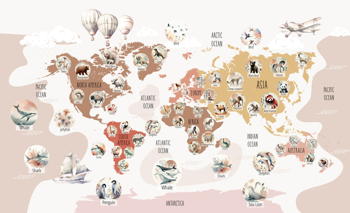 Boho Wildlife Map Wall Mural in your room — zoomed
