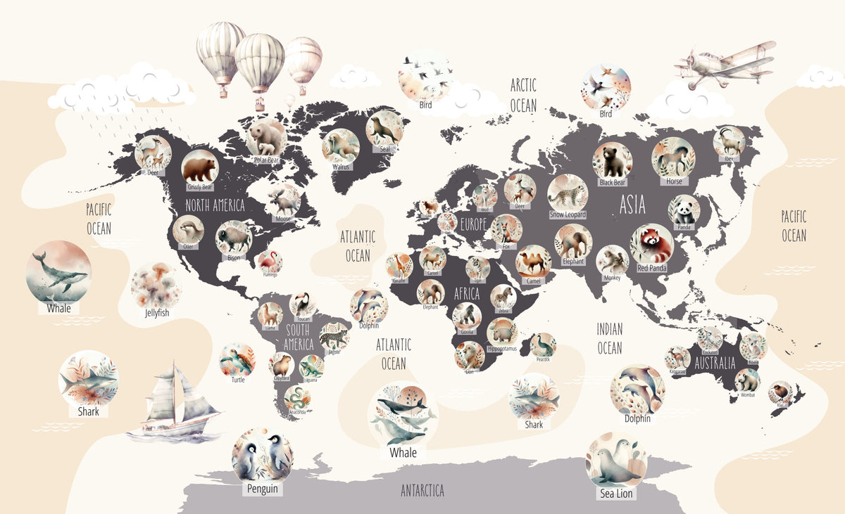 Chic Wildlife World Map Wall Mural in your room