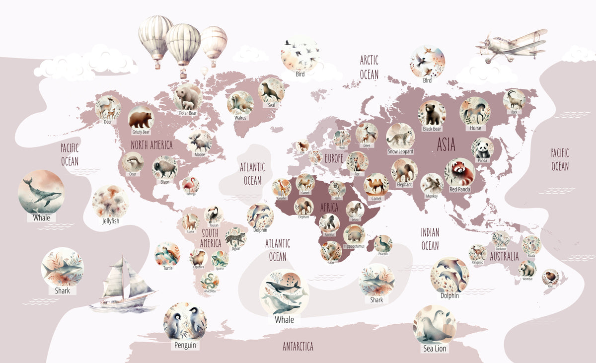 Delightful Wildlife World Map Wall Mural in your room — zoomed