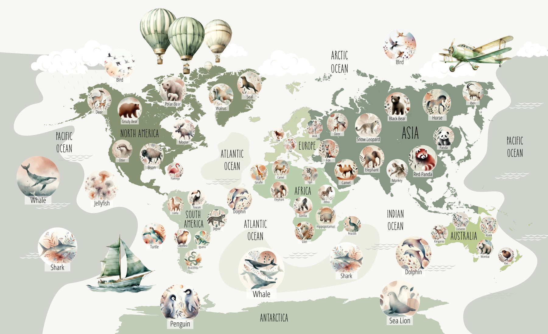 Green Globetrotter Wildlife Map Wall Mural