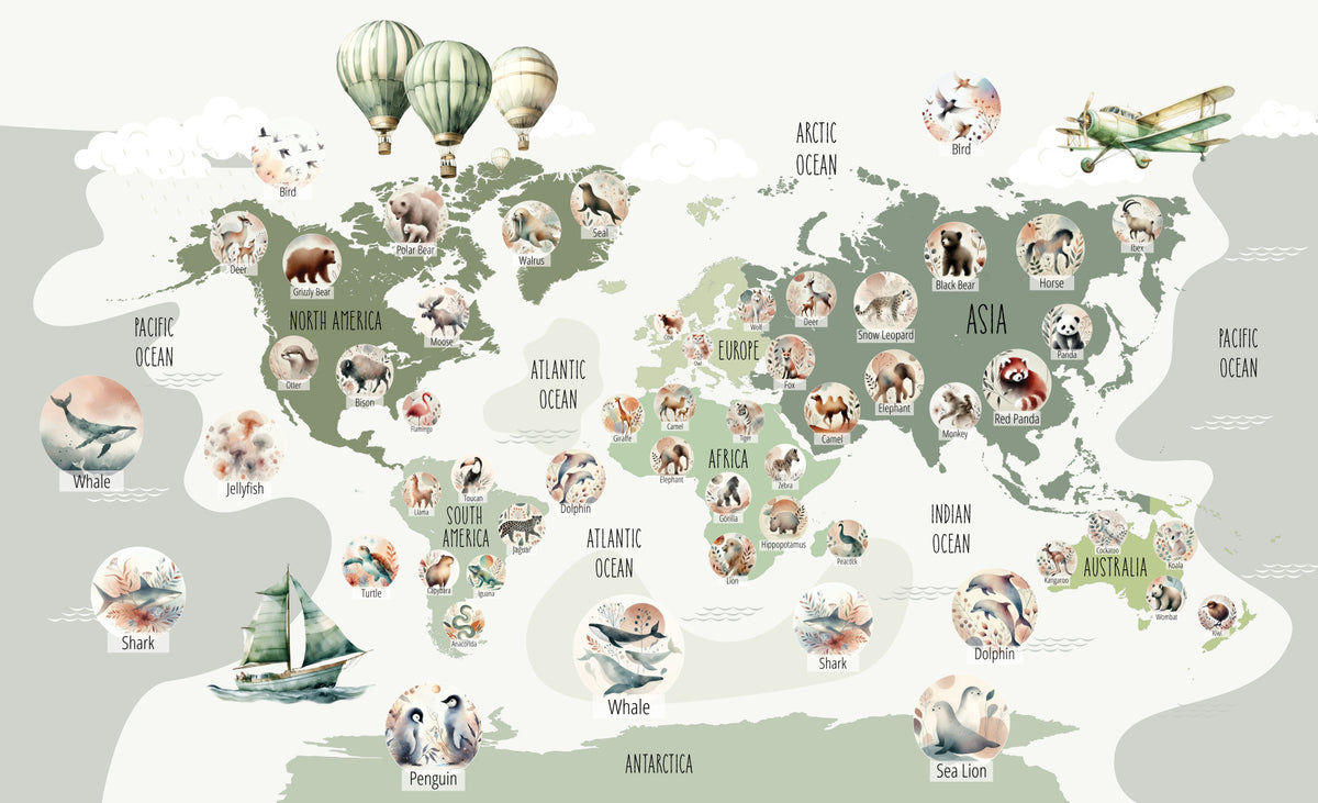 Green Globetrotter Wildlife Map Wall Mural in your room — zoomed