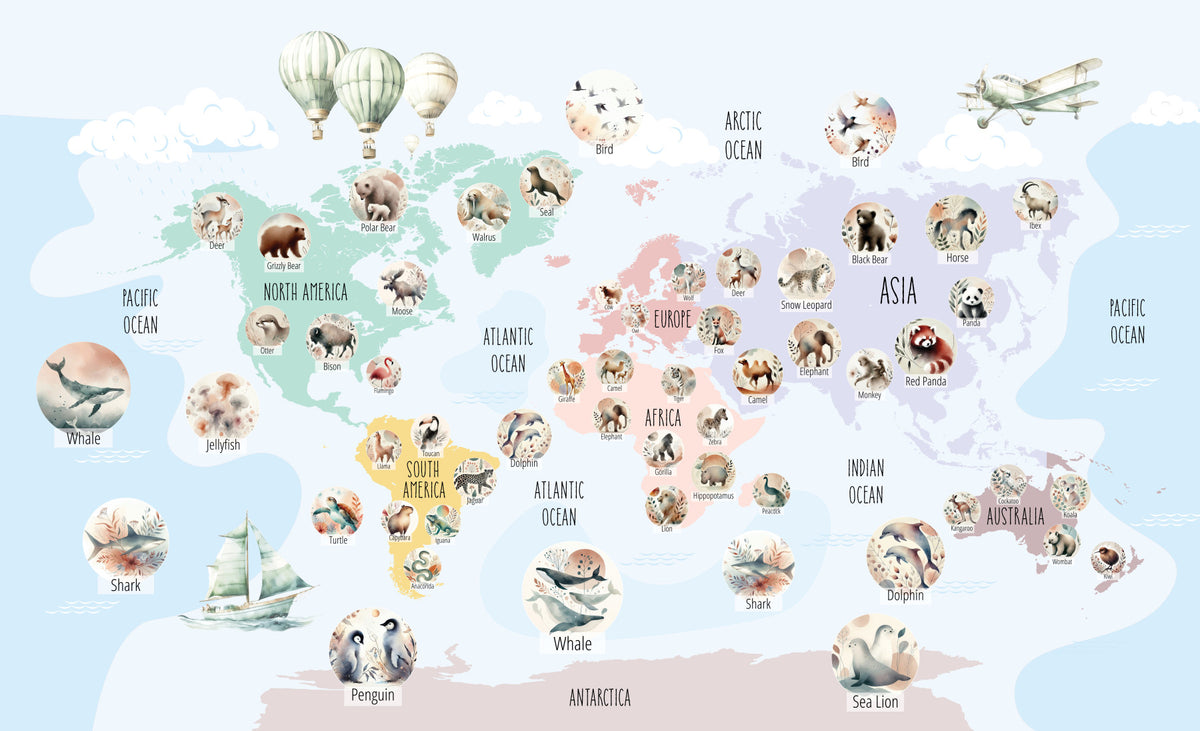 Pastel Wildlife World Map Wall Mural in your room — zoomed