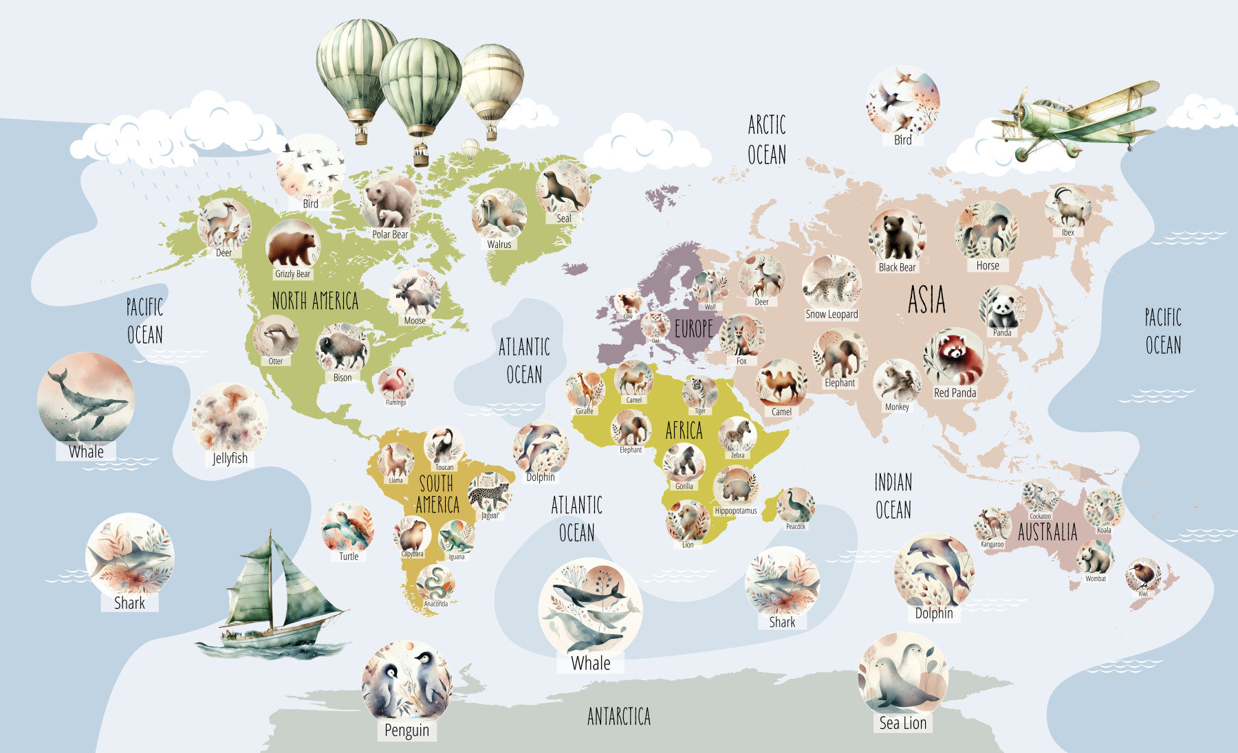 Whimsical Animal World Map Wall Mural