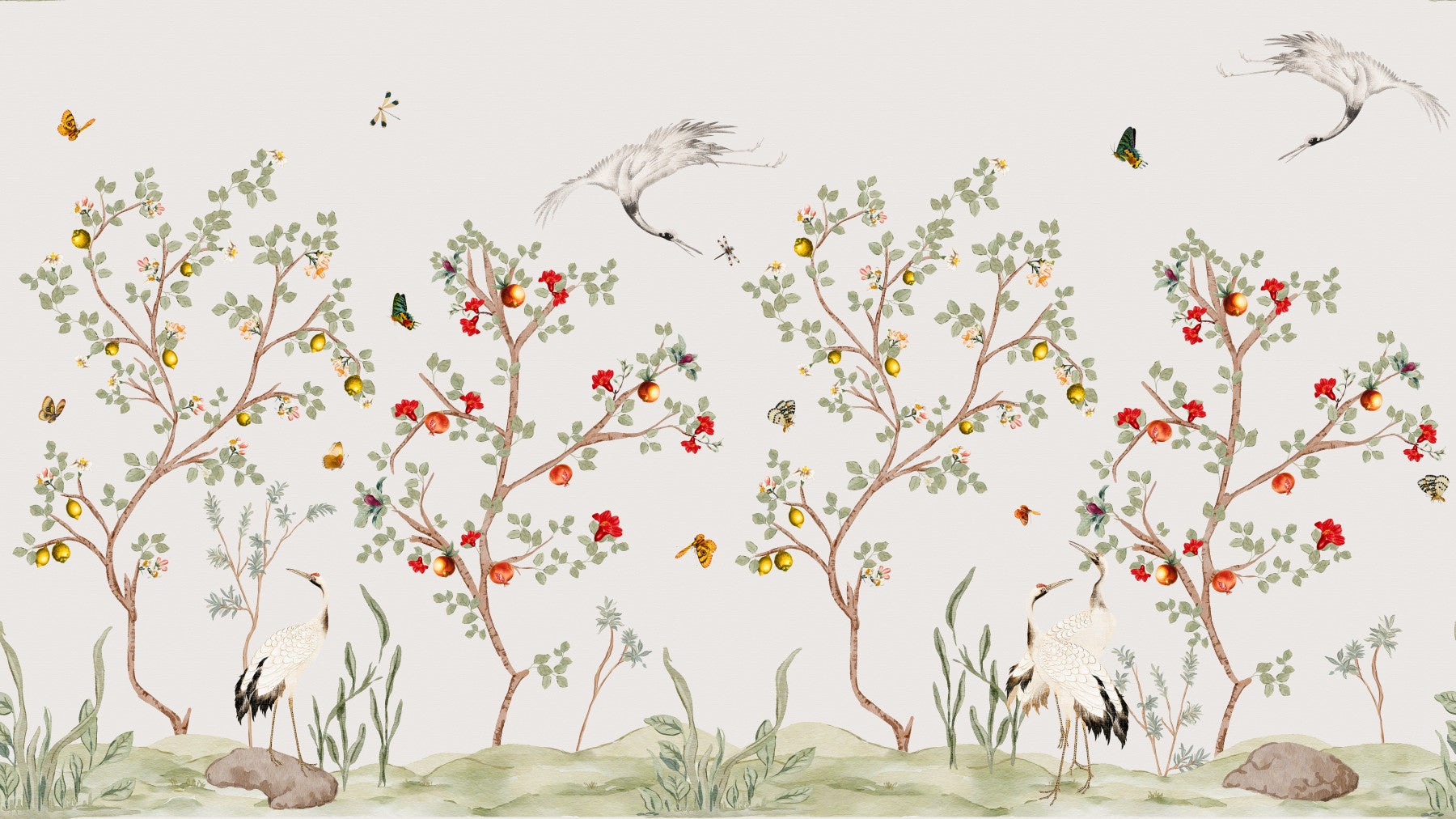 Chinoiserie Cranes in Pomegranate Lemon Grove  Wall Mural in your room — zoomed