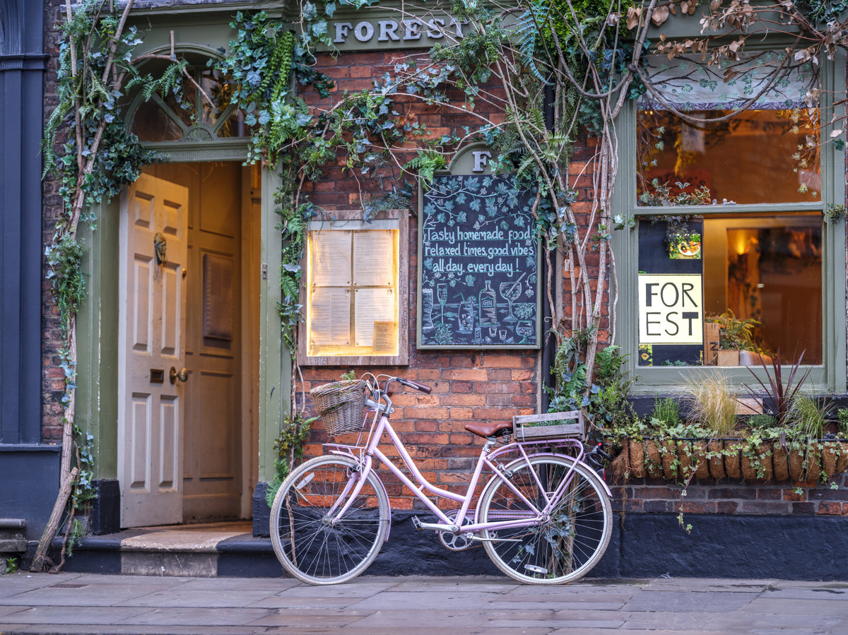 Bicycle outside a cafe Wall Mural in your room — zoomed