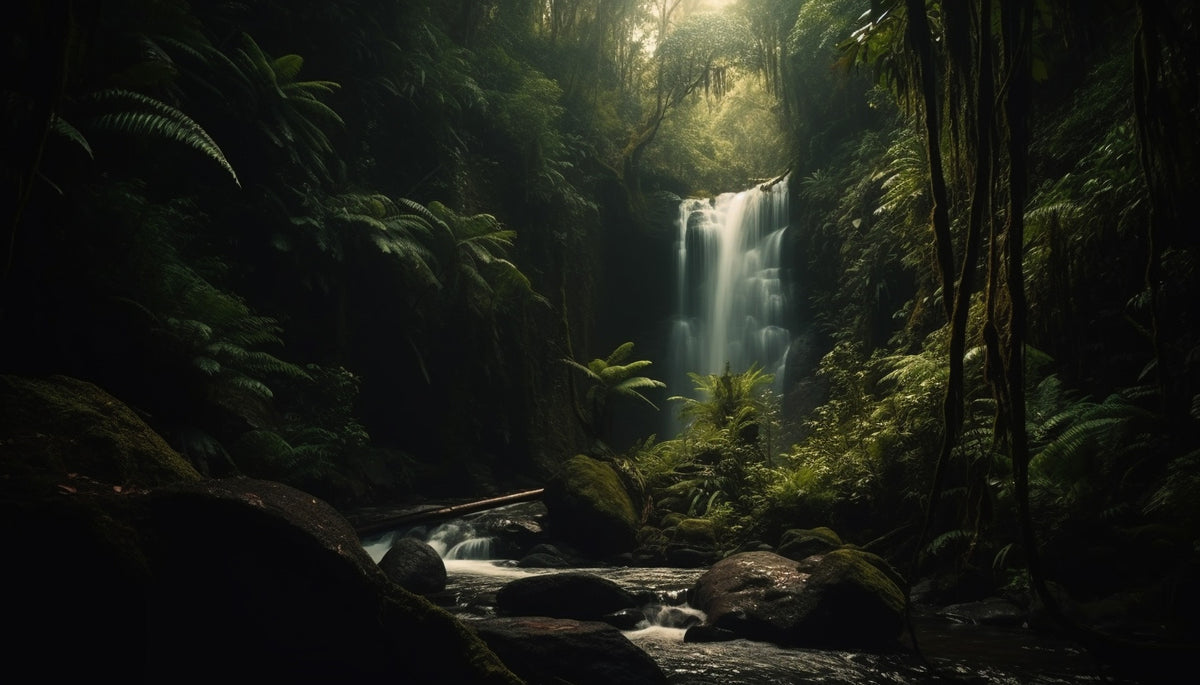 Dark Forest with Waterfall Wall Mural in your room