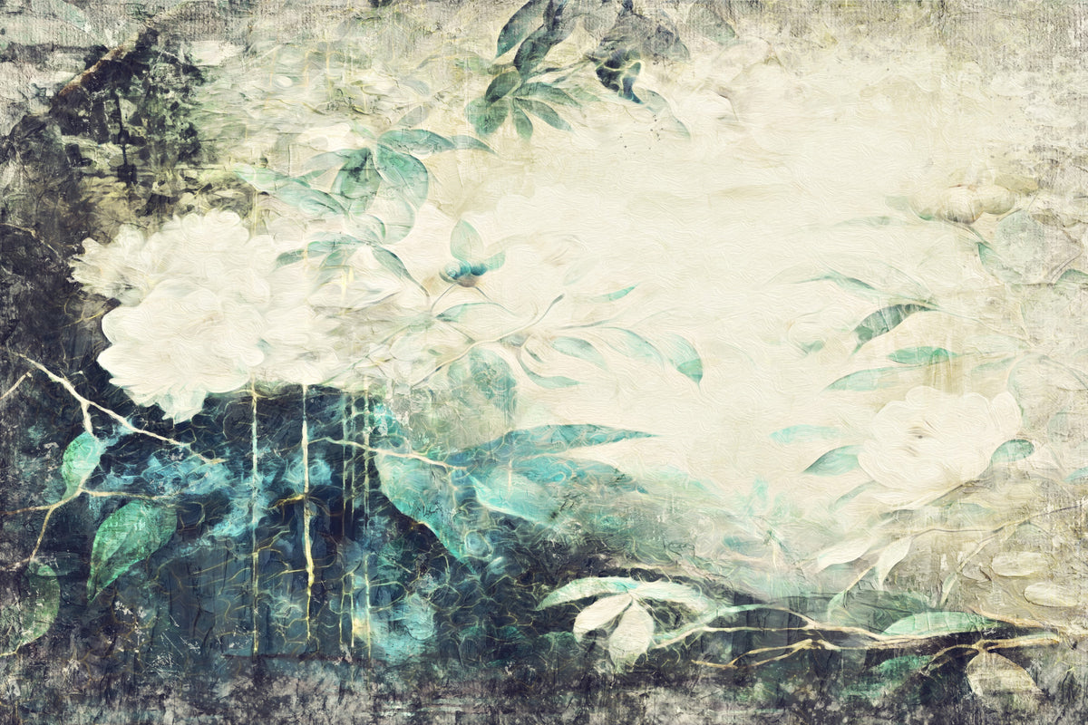 Bloom Echoes: Distressed Floral Wall Mural -2530877