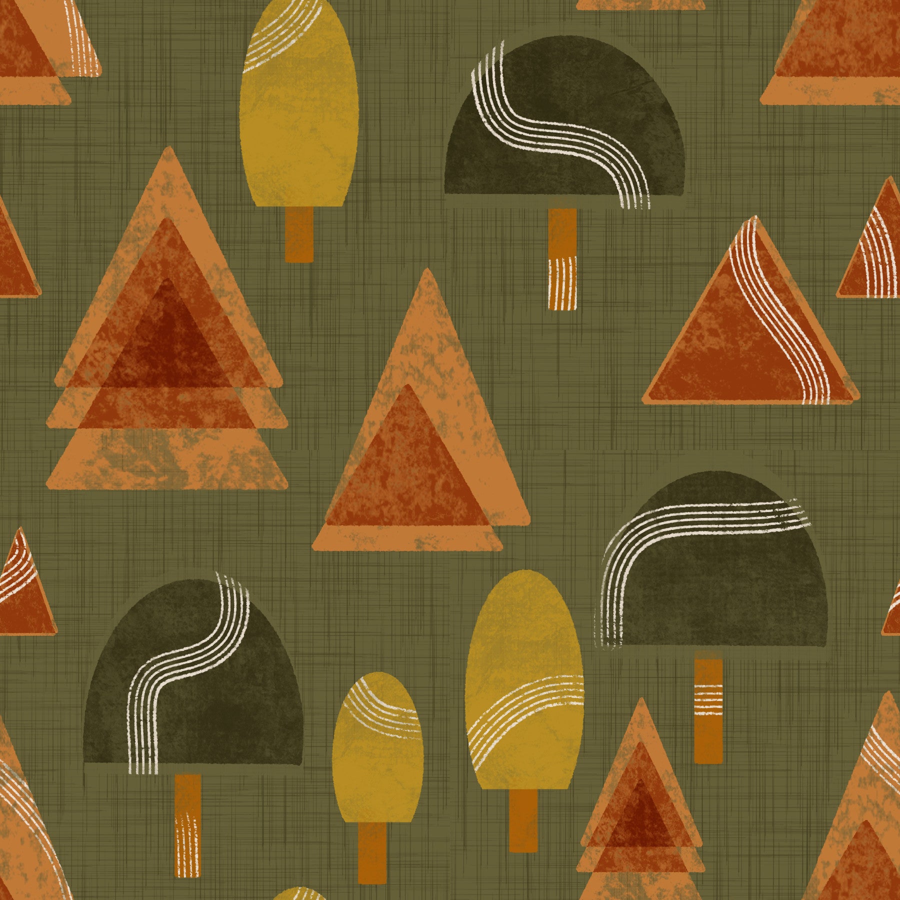 Retro Woodland Tapestry - Olive & Blush Mid Century Trees Wallpaper⁠ in your room — zoomed