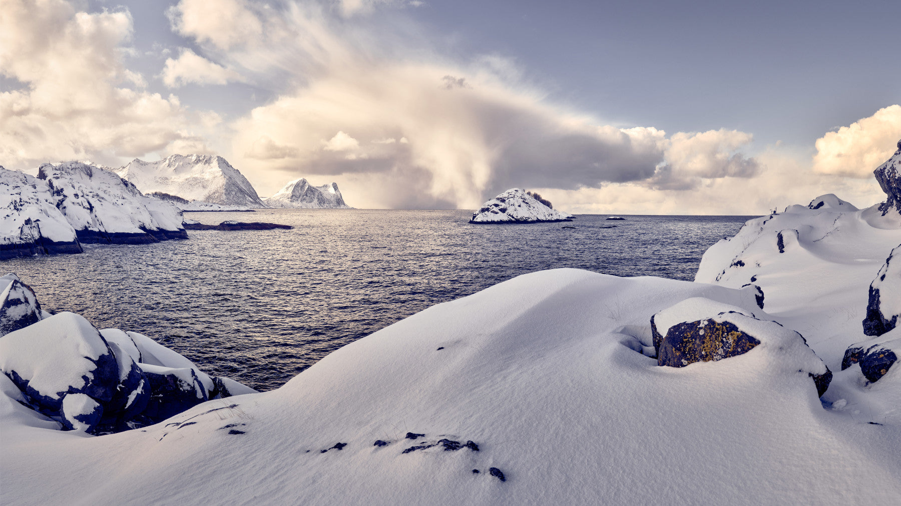 Arctic Dreamscape wallpaper mural of a snowy coast and dark sea behind a grey sectional sofa in a living room