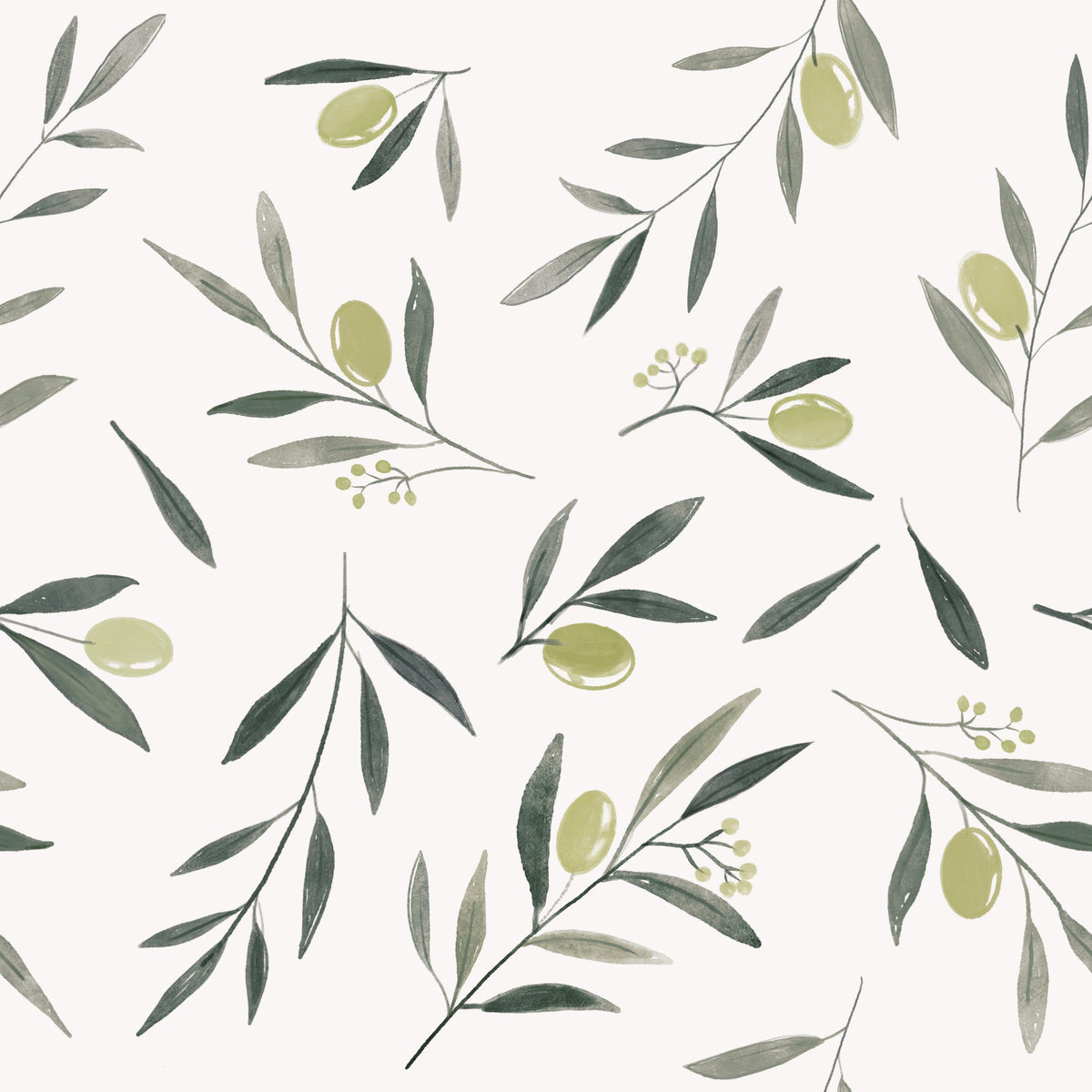 Watercolor Olive Garden Leaves and Fruit Wallpaper⁠ in your room