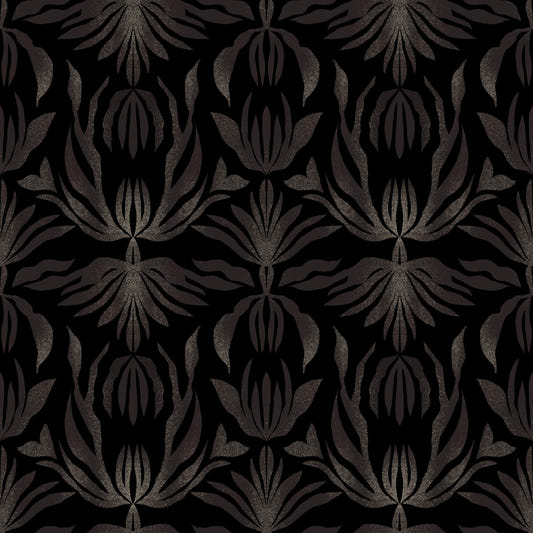 Midnight Bloom Damask art deco style abstract palm leaves Wallpaper⁠