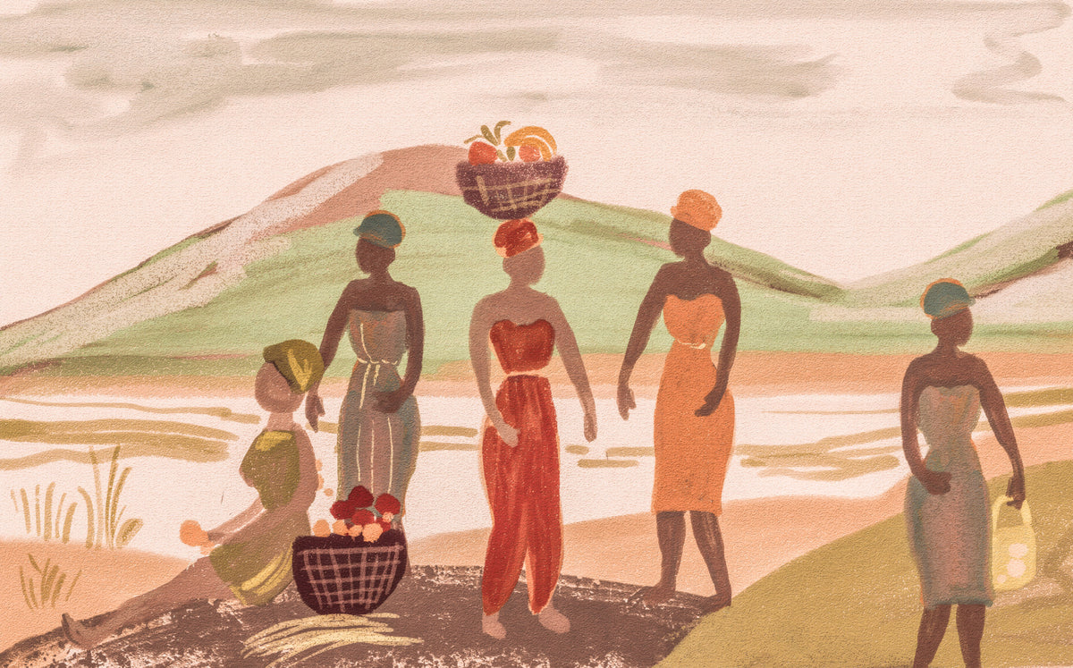 Echoes of the Motherland: Graceful African Women in Vibrant Traditional Attire Bearing the Harvest of Joy Wall Mural in your room — zoomed