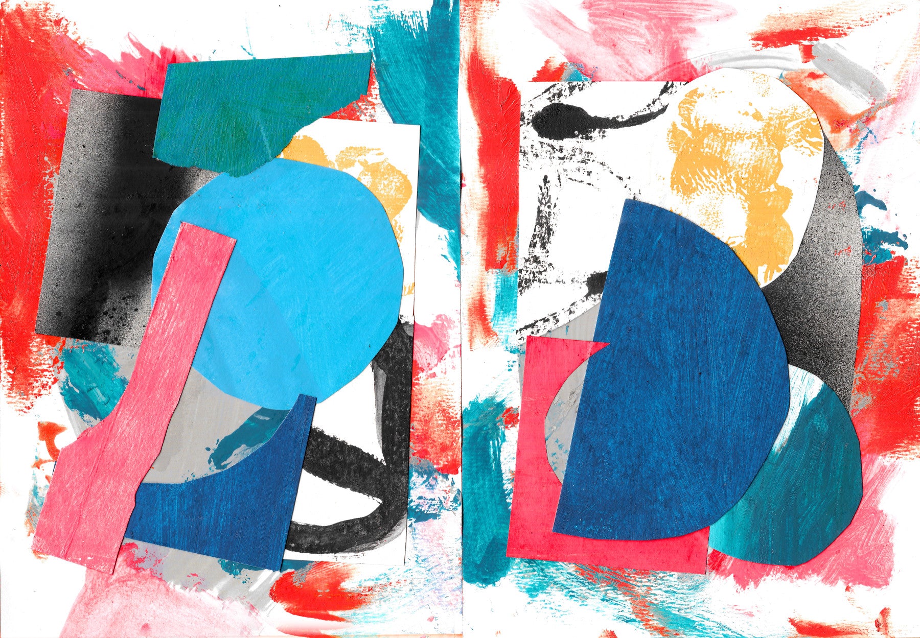 Abstract Collage Wall Mural – Dynamic design with overlapping circles, rectangles, and irregular shapes in blue, pink, teal, black, and yellow.