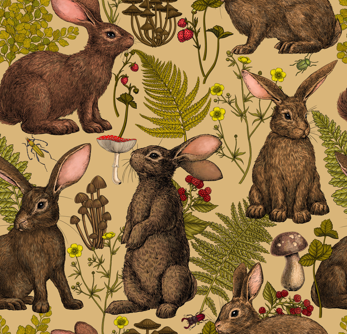 Rabbits and woodland flora Wallpaper⁠ in your room