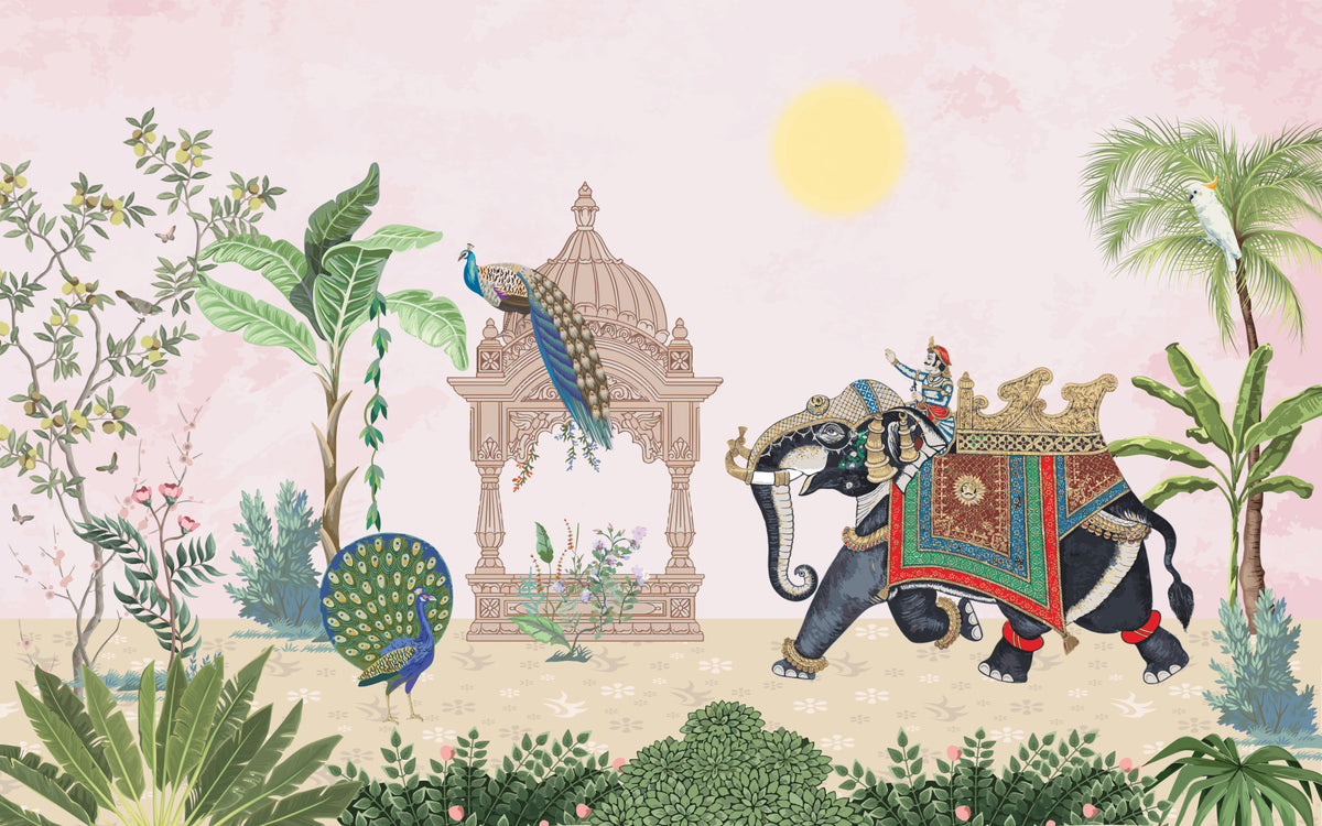Exotic Peacock Elephant Wall Mural in your room — zoomed