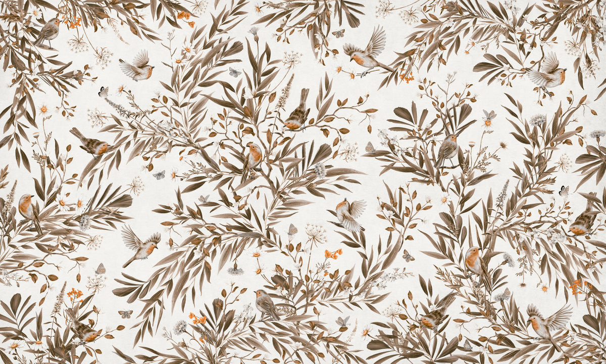 Birds & Blooms: Sepia Serenity Wall Mural in your room — zoomed