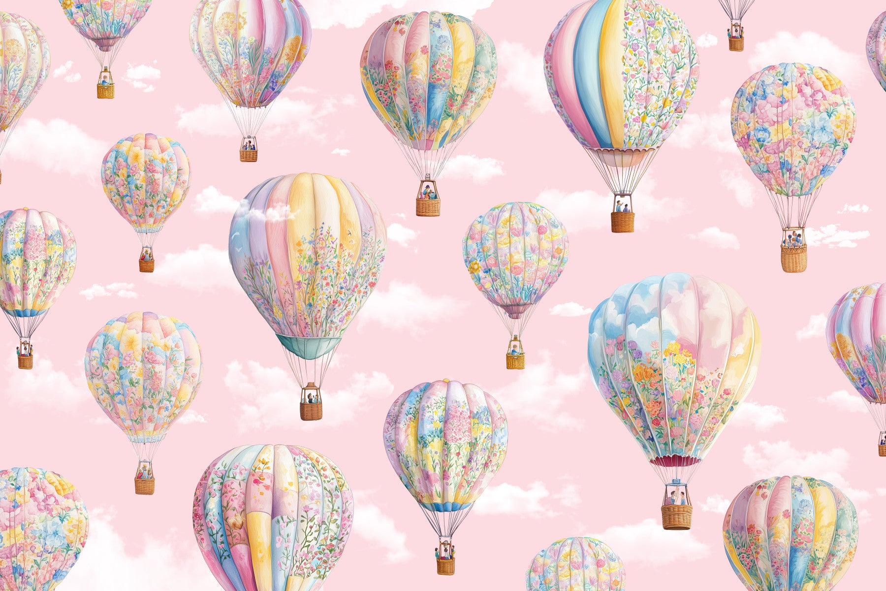 Whimsical wall mural featuring colorful hot air balloons floating across a dreamy sky.