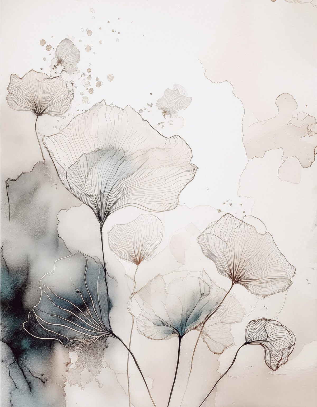 Fine Ink Wash Flowers Wall Mural in your room — zoomed