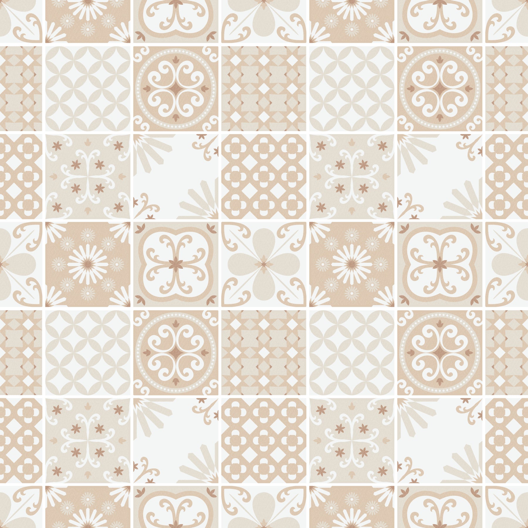 Vintage Folk Tiles – Sand Beige Wallpaper in your room — zoomed